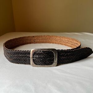 Vintage Woven Leather Belt 2X Brown Braided Leather Silver Buckle Plus Size
